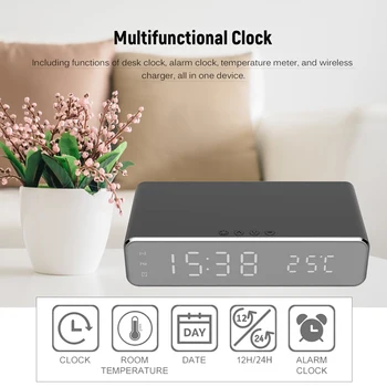 

Table Clock Wireless Charger Alarm Clock LED Digital Clock Temperature Meter Switchable Alarm Clock with Calendar with battery