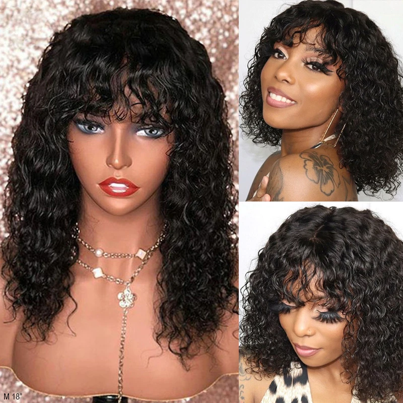 Short Bob Lace Front Wigs With Bangs Natural Wavy Human Hair Full Lace Wigs Remy