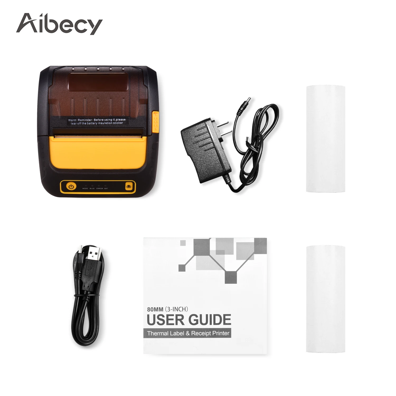 Aibecy портативный 80 мм Термопринтер портативный принтер штрих-кодов USB BT соединение беспроводной с 2 рулонов бумаги внутри
