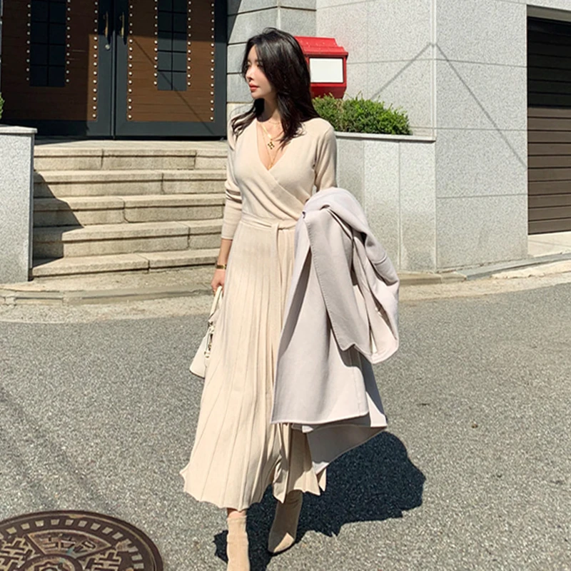 

Chic Women autumn Winter Long Knitted Pleated Dress Female With Sashes A Line Sweater Dresses