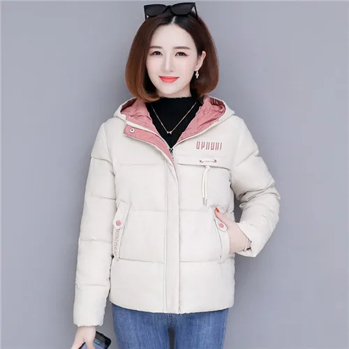 Fashion Short Winter Jacket Women Slim Female Coat Thicken Parka Cotton Hooded Fur Collar candy-colored Ladies Jacket - Цвет: Бежевый