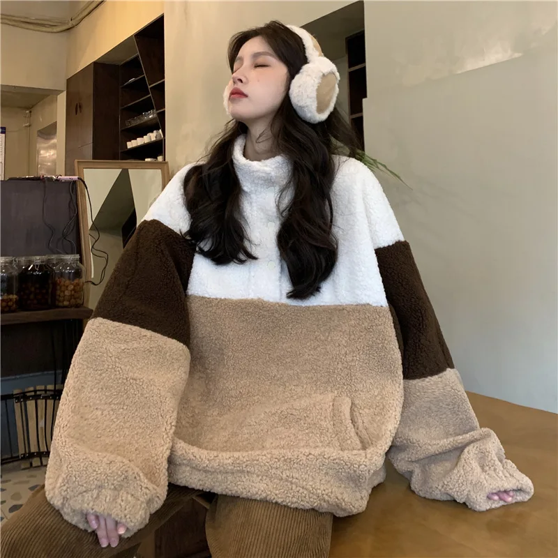 2021 Lamb Sweater Hoodie Teddy Wool Jacket Patchwork Casual Loose Pocket Korean Version Boyfriend Wind Street Warm Winter Tops | Женская