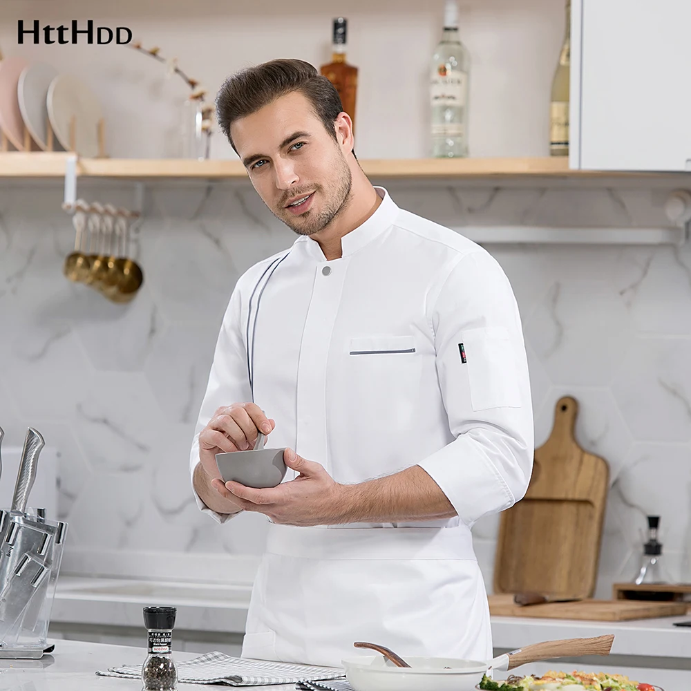 

High quality Unisex chef overalls restaurant cooking polyester cotton breathable uniform chef long sleeve Buttons jacket new