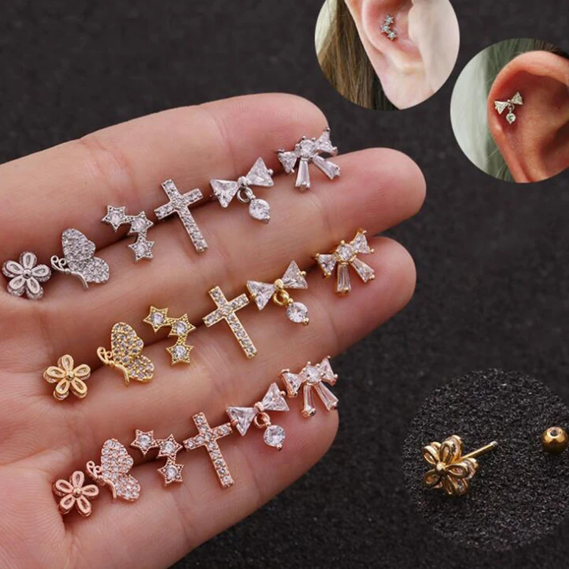 

1pc Women Stud Earrings Small Mini Bee Cross Bow Knot Flower Cubic Zirconia Paved Rose Gold Silver Color Earings Aretes Jewelry