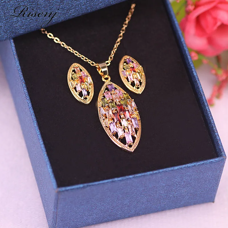 Marquise Square Colorful Zircon Jewelry For Women Stud Earrings Necklace With Pendant Rose Gold Bridal Jewelry
