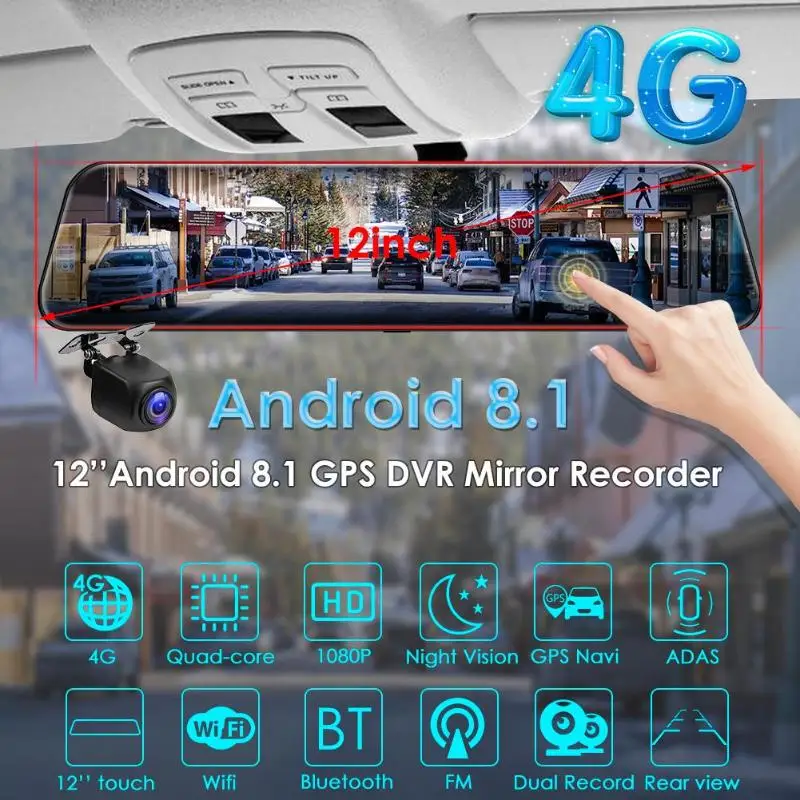 12 дюймов 4G Android 8,1 четырехъядерный Автомобильный видеорегистратор Камера gps навигация двойной объектив зеркало заднего вида Dashcam bluetooth fm-передатчик Digita