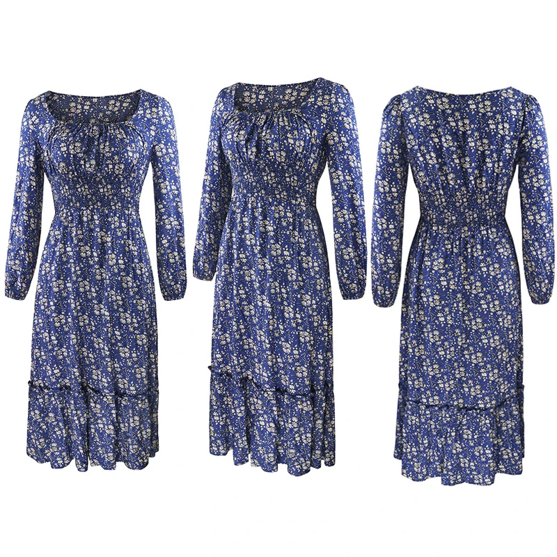 Chifirena Elegant Party Mid-Length Vintage Autumn Dress Women Square Collar Floral Print Ruffles Casual Dresses Minie Vestidos