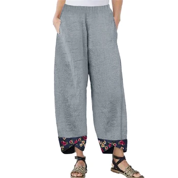 

Vicabo Large Size Cotton and Linen Pants Summer Casual Trousers Ladies Long Pant with Flower Printed Patchwork Loose Trouser