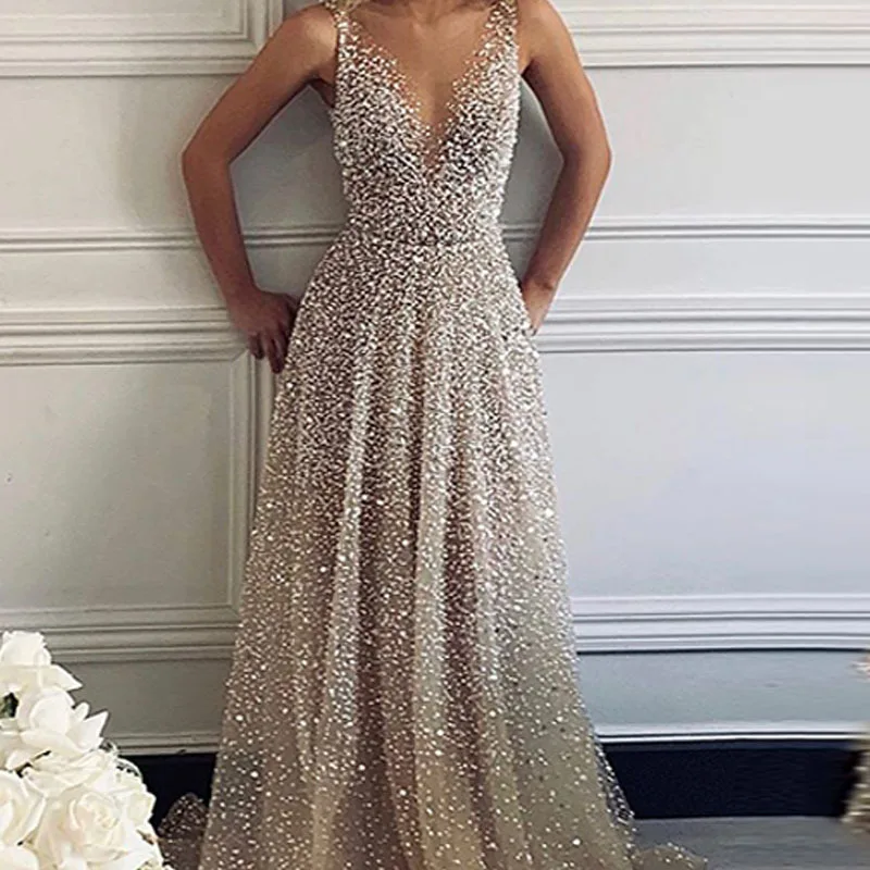 silver prom dresses Bling Bling Deep V Neck Sexy Prom Dresses A Kine Sequins Formal Evening Robe Demoiselle D'honneur YSAN802 silver prom dresses