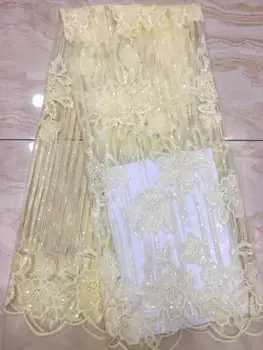

2019 high quality French Nigerian sequins net lace,African tulle mesh sequence lace fabric for party dress 5yards/lot yellow