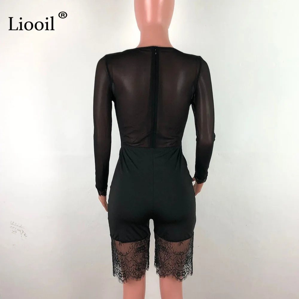 Liooil, черный кружевной Облегающий комбинезон, женский прозрачный комбинезон, Клубная одежда, новинка, вечерние комбинезоны, женские комбинезоны, шорты, Onesie