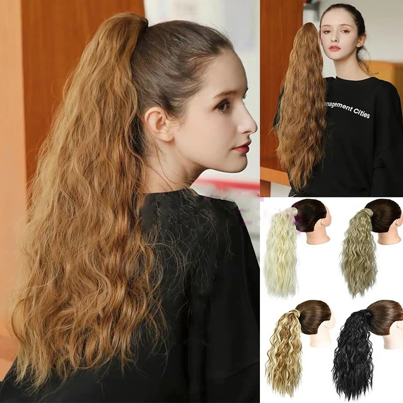 

WERD Curly Long Ponytail Synthetic Hairpiece Wrap on Clip Hair Extensions Ombre Brown Pony Tail Blonde Hair