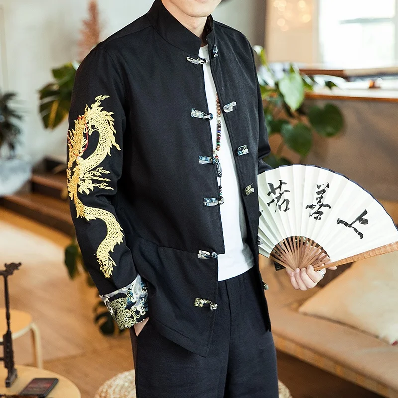 Traditional Chinese Style Embroidery Dragon Hanfu Blouse Tang Suit Men Kungfu Shirts Tops Jacket Cheongsam New Year Coats KK3246