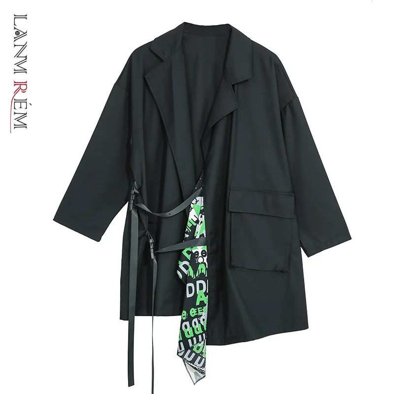 

LANMREM 2020 spring new letter printting Split Joint Cardigan Windbreaker Personality big size Irregular Loose Coat women YH752