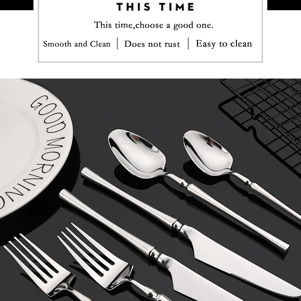 Description Picture 3 of itemSilver Flatware Cutlery Luxury 304 Stainless Steel Dinnerware Set Mirror Polishing Tableware Set Dinner Knife Dessert Fork Spoon