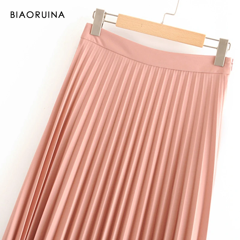 BIAORUINA, 3 цвета, Женская однотонная Повседневная плиссированная юбка до середины икры, женская модная универсальная юбка с высокой талией, боковая молния