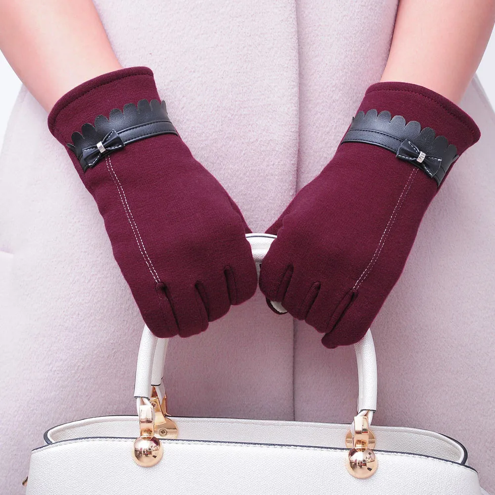 Зимние Модные женские теплые перчатки с бантом, варежки, перчатки с сенсорным экраном, теплые вязаные рукавицы - Цвет: Red