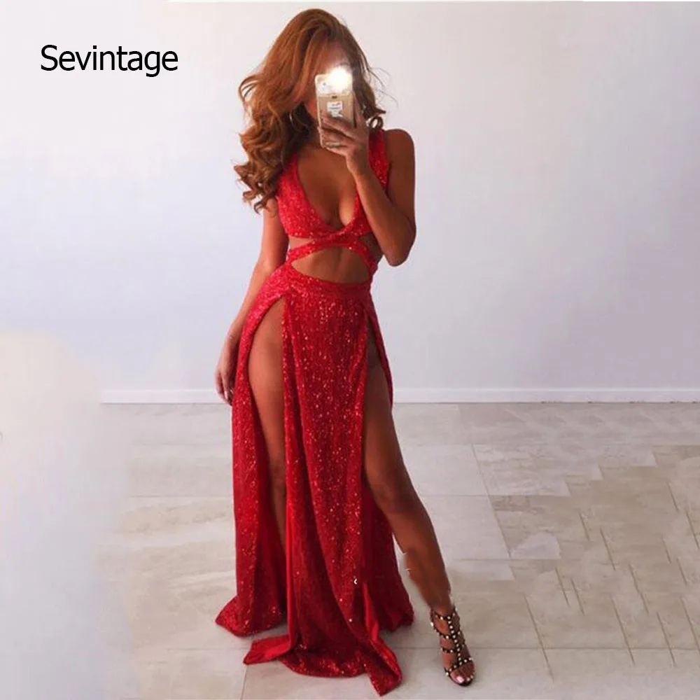 

Sevintage Red Bling Bling Long Evening Dresses Woman Sexy Cross Front Side Slit Formal Prom Gown vestidos de festa