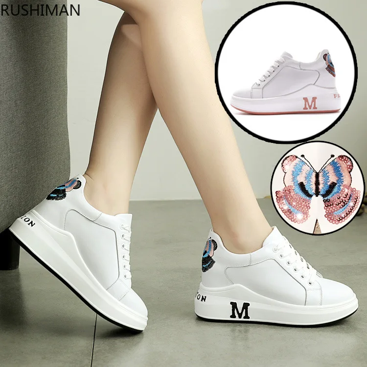 

RUSHIMAN 2019 spring autumn women's shoes new high leather leisure sports shoes women thick bottom lace-up student shoes 34-39