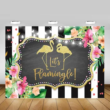 

Let's Flamingle Themed Party Background Photography Gold Flamingo Tropical Flowers Backdrop Photocall Stripes Wedding Photoshoot