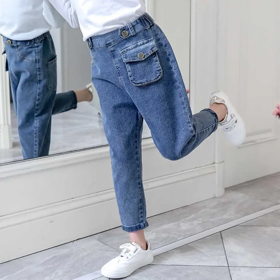 Джинсы для девочек, джинсы с накладными карманами для девочек, детские джинсы с эластичной резинкой на талии, повседневные джинсы на весну-осень, одежда для девочек 6, 8, 10, 12, 14 лет
