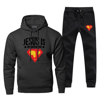 

Funny Jesus Is My Superhero Sweatshirt Men Casual Hoodies Pants Sets Fashion Fleece Sportswear Sweatpants Harajuku Streetwear