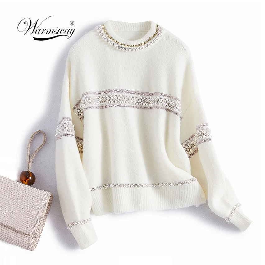 

High Quality Women's Short Pullover Sweater Female Pearl Beading Warm thick Winter Knitted Oversized Sweater C-486