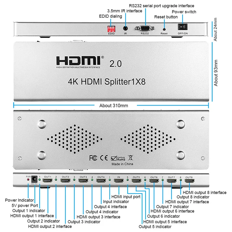 4K 1x8 HDMI 2,0 сплиттер 1 в 2 4 6 8 выход 1x2 1x4 HDMI сплиттер видео конвертер 4K 60HZ 3D EDID RS232 для PS4 PC DVD для tv