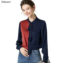 Шелковая блузка для женщин, высокое качество, весна, длинный рукав, элегантный, о-образный вырез, натуральный шелк, рубашки из крепа, офисные женские топы из чистого шелка