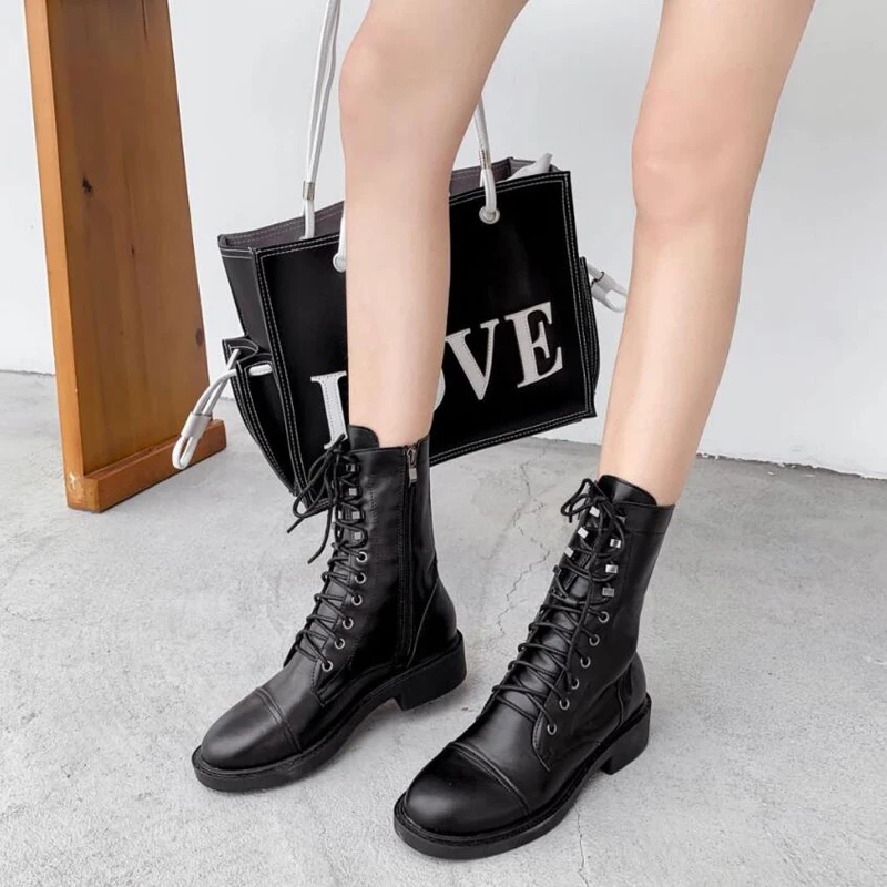 

Women Autumn Mid Calf Boots Female Lace Up Punk Motorcycle Boot fall shoes Buckle Strap Zipper Ladies Low Heel Shoes LJB201
