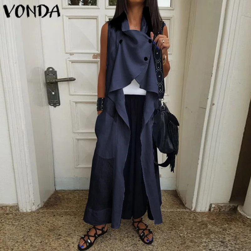 VONDA Fashion Blouses And Tops Solid Color Sleeveless Plus size Cardigan Loose Pockets Women's Tuni