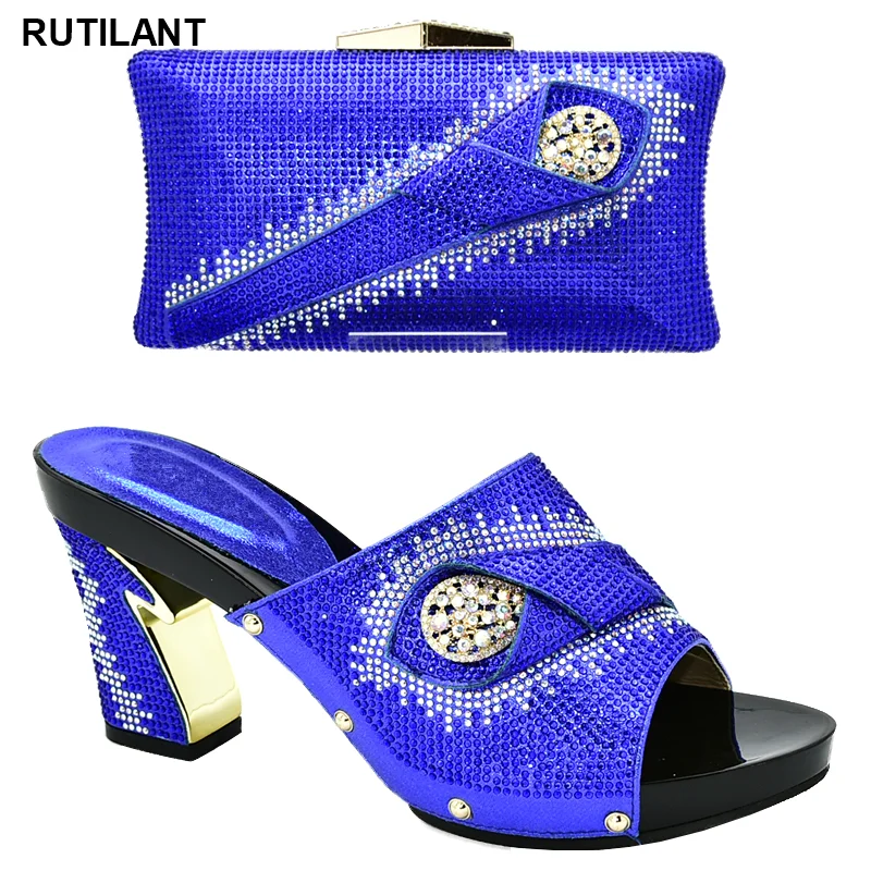 

Latest Design Women Shoes and Bag Set In Italy Italian Shoes with Matching Bag Decorated with Rhinestone Slip on High Heels Shoe