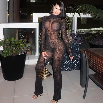 

Colysmo Zebra Pattern Sexy Jumpsuit Women Backless Mesh Playsuit Jumpsuits Long Sleeve See Through Rompers Female Club Outfit