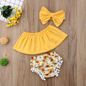 

2020 Summer Newborn Baby Girls Clothes Sets Off Shoulder Tops+Floral Shorts+Headband 3PCS Toddler Outfits Set Sunflower Clothes