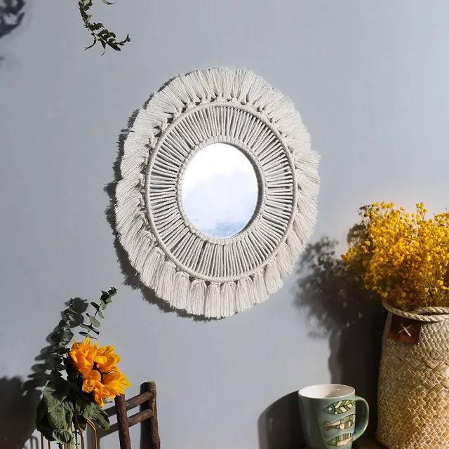 Hand Woven Bohemian Woven Leaf Feather Mirror Round Lace Mirror Wall Hanging Living Room Bedroom Wall Mirror Home Decoration 01