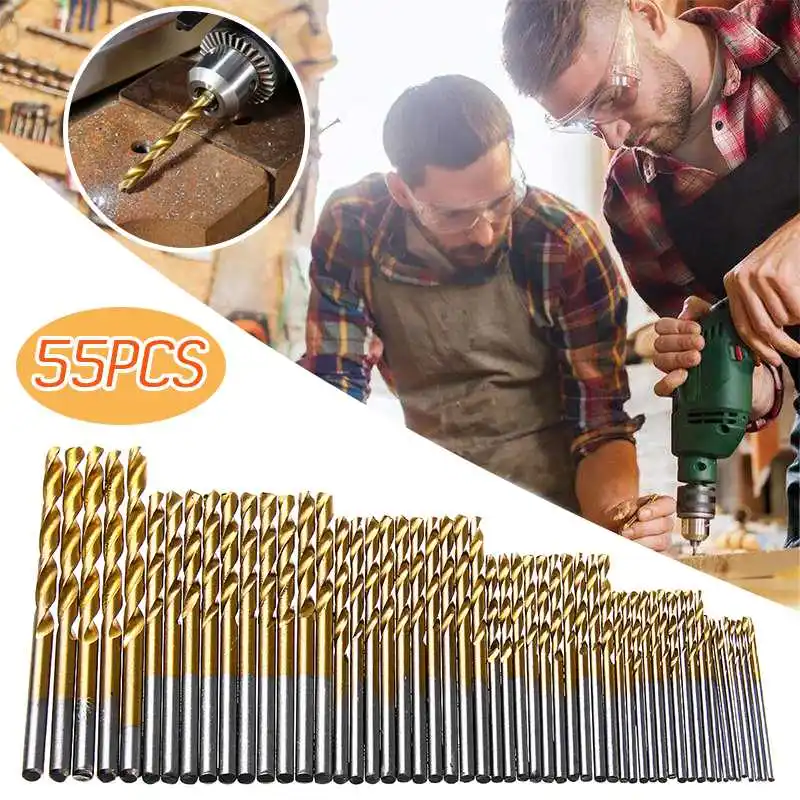 55Pcs HSS Титан сверла с покрытием высокого Скорость Сталь набор сверл силовое сверление инструменты для работы по дереву 1/1. 5/2/2,5/3/3,5 мм