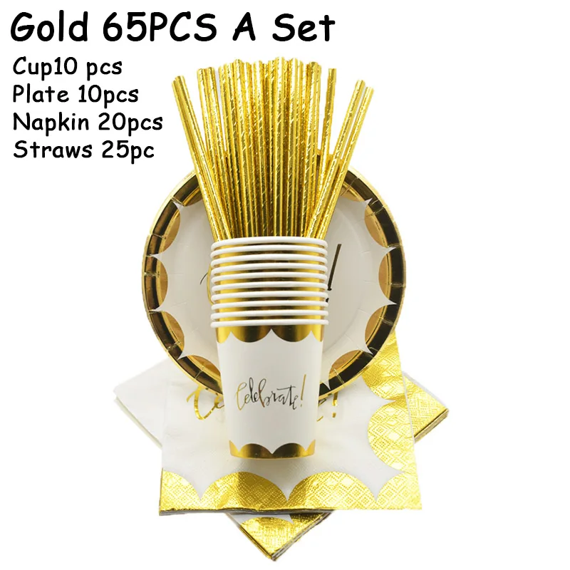 65pc Gold A set Фольгированная Серебряная одноразовая бумажная соломенная тарелка, чашка для свадебного украшения, принадлежности для вечеринки на день рождения, Рождество, Год, вечерние столовые приборы - Цвет: 65pc Gold A set