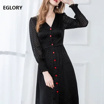 

Top Quality Black Dress 2020 Spring Summer Women V-Neck Geometric Patterns Color Block Button Deco Long Sleeve Large Swing Dress
