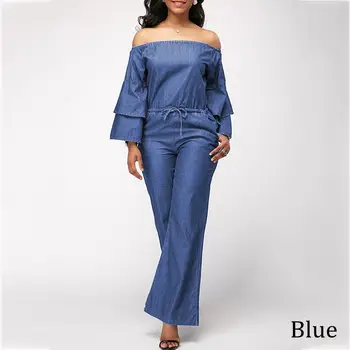 

VONDA 2020 Sexy Off Shoulder Strapless Demin Rompers Womens Ruffle Jumpsuit Long Sleeve Boot Plus Size Wide Leg Pants Pantalon