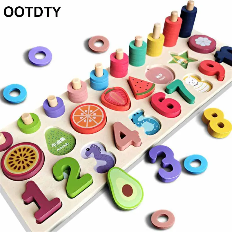 

Fruit Number Math Sorting Puzzles Blocks Counting Shape Stacker Wooden Montessori Preschool Learning Toys for Toddlers 3 Year