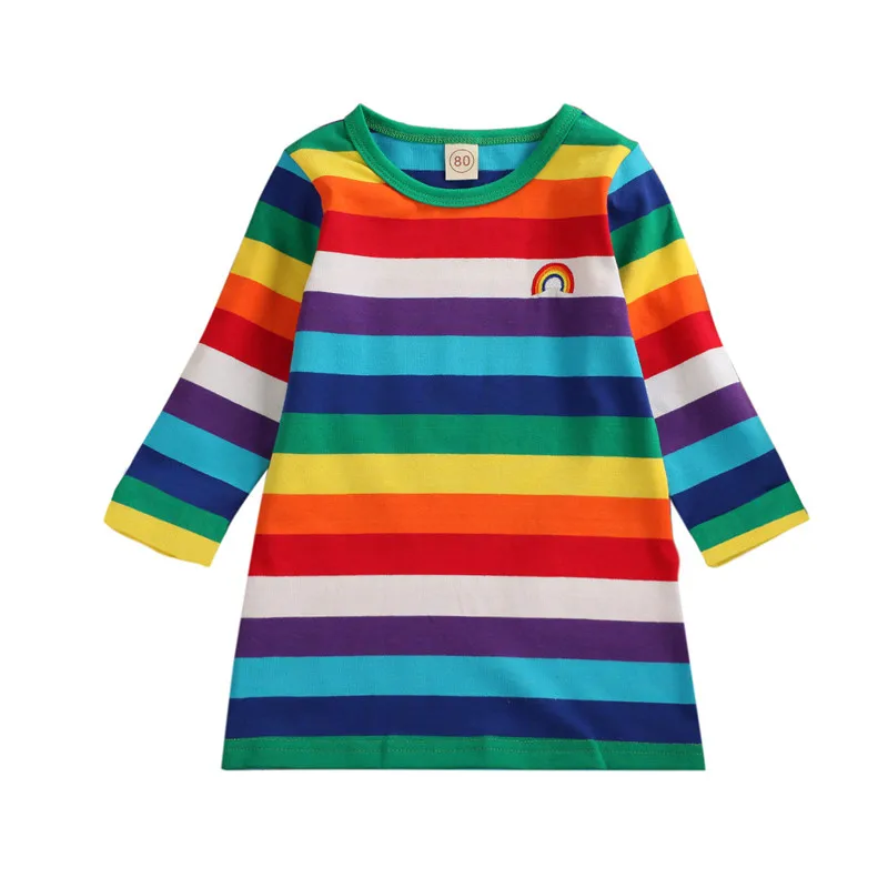 Футболка для малышей; Одежда для новорожденных; Повседневный пуловер с радугой для девочек; футболка; топы; платье в полоску - Цвет: dresses 6 to 12 M