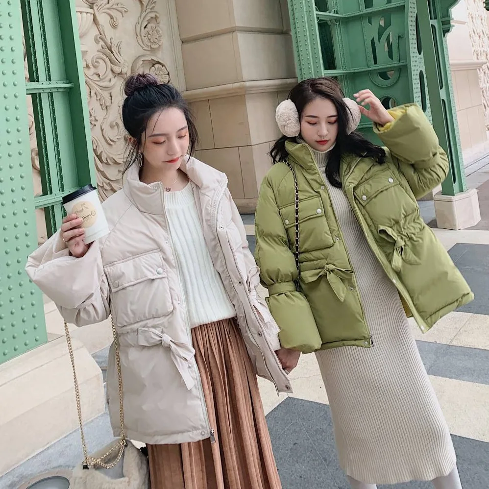 

Photo Shoot CHIC Sweet Avocado Green Handsome Stand Collar Drawstring Waist Hugging Bell Sleeve Single Breasted Best Friend down