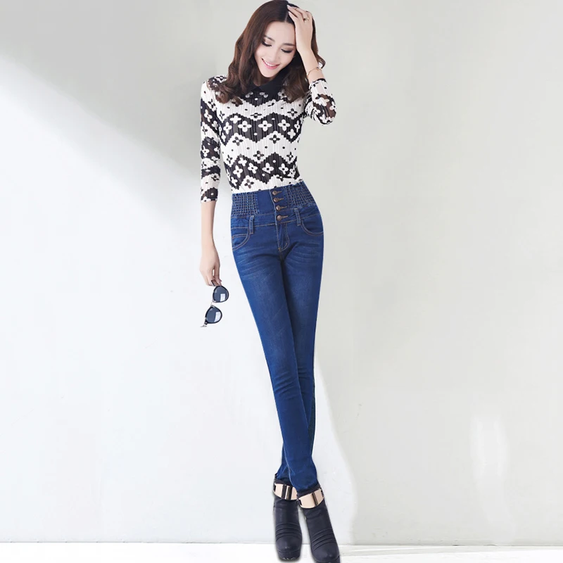 Lossky Skinny Jeans Plus Size Office Woman Pants Stretch High Waist Korean Fashion Spring Denim Elastic Waist Slim Trouser 2020