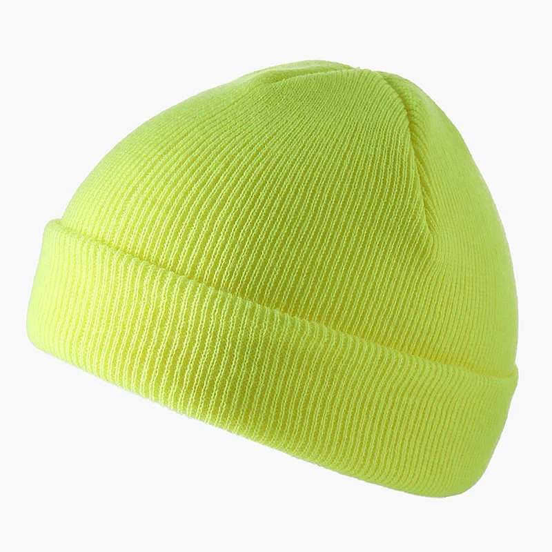 Fluorescence Yellow Короткая Шапка-бини, осенняя зимняя шапка унисекс, акриловые вязаные с манжетами, ребристые Gorros, Повседневная Эластичная шапочка с черепом - Цвет: Fluorescence Yellow