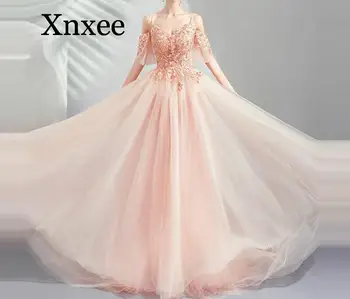 

2020 Train Spaghetti Strap Long Party Dress Elegant Embroidery Plus Size Vestidos de