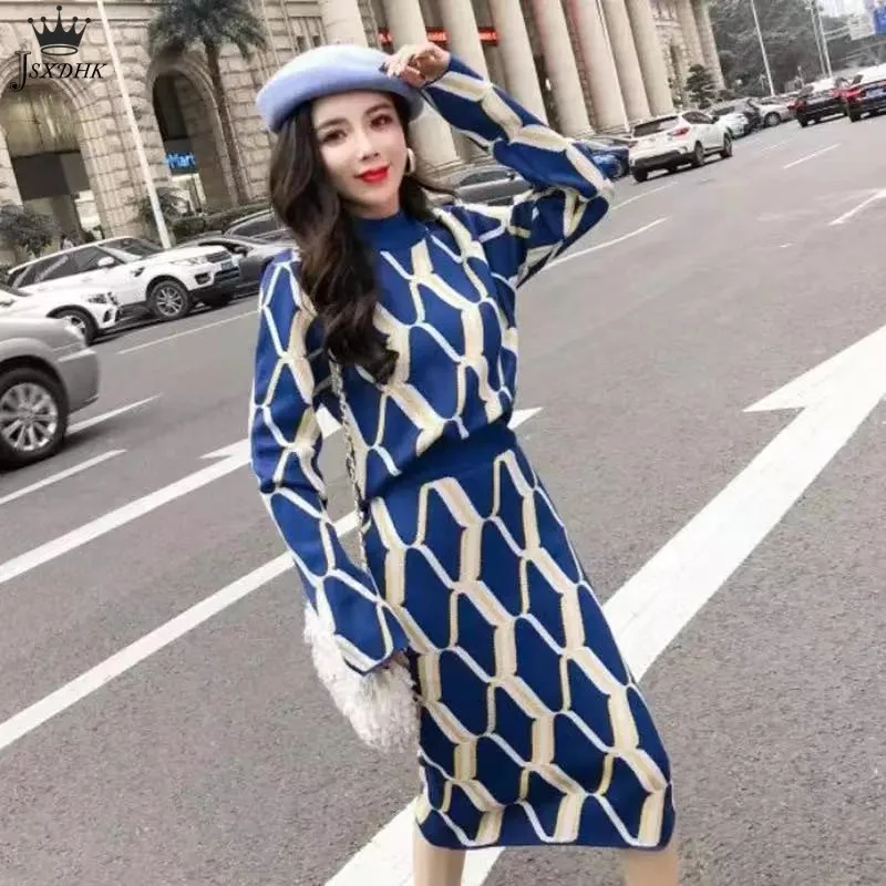 Autumn Winter Knitt 2 Piece Set Women Vintage Geometric Pattern Knit Sweater Pullover + Elastic Waist Bodycon Pencil Skirts Sets |