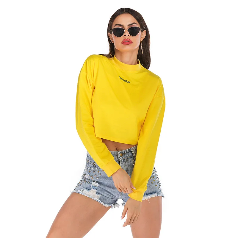 

Hoodies Women Exposed Navel Solid Color Round Neck Clothes Long-sleeved Short Paragraph Casual Loose Fashion Summer And Autumn