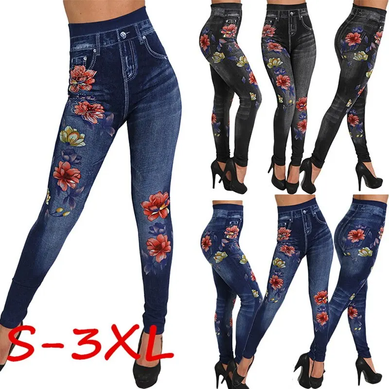 yoga leggings Fashion Women Leggings Floral Print Pencil Pants Leggins 2020 3XL Plus Size Casual High Waist Faux Denim Trousers Bottoms Black leggings for women