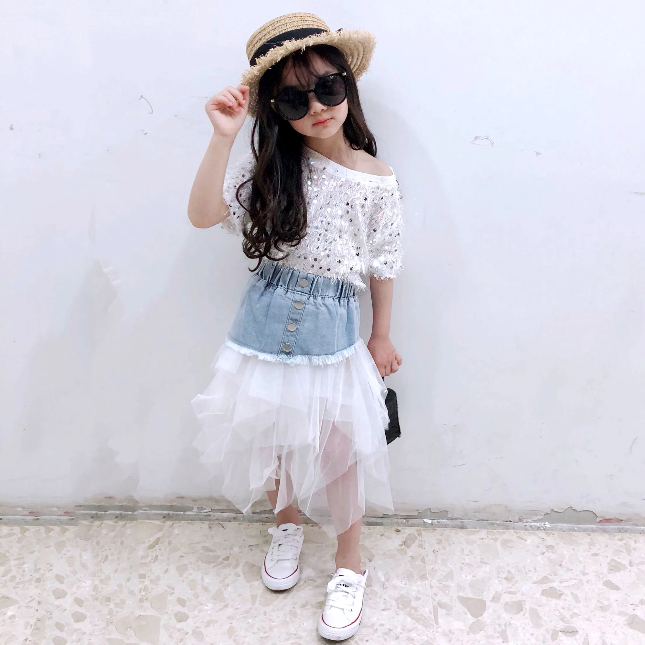 

Spring Summer girls tutu skirt baby denim skirt kids fashion skirt children bottoms streetwear jeans layered mesh 4 to 14 yrs