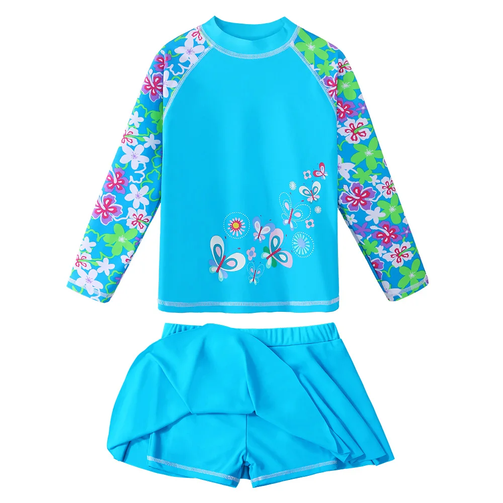 

BAOHULU 2020 New Girls Swimwear Two-Pieces Kids Long Sleeves Rash Guards+Skirt Shots UPF50+ Print Flower Butterfly Beach-Wear